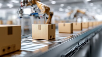 Robotic arm folding and sealing cardboard box on automated packaging line with conveyor belt
