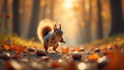 Stylized squirrel standing inquisitively amidst acorns representing autumn bounty in a sun-dappled forest