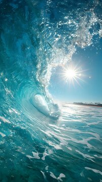 A stunning vertical shot captures the inside of a clear blue ocean wave as it s, with the bright sun shining over the distant beach, creating a beautiful scene.