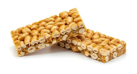 Two pieces of appetizing peanut brittle are beautifully presented on a white surface.