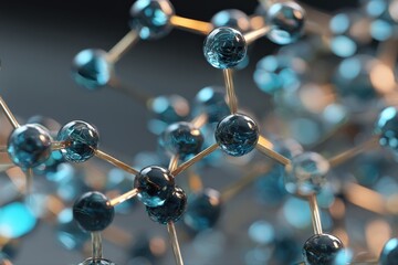 Abstract close-up of a molecular structure with teal spheres connected by gold rods.  A detailed 3D rendering showing intricate connections.