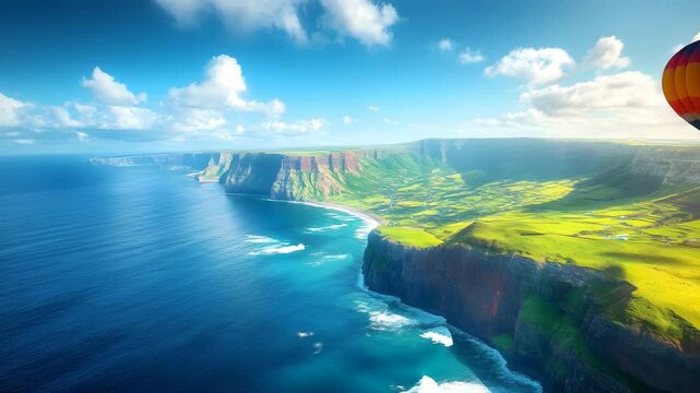 Hot air balloon flying over cliffs of moher with stunning aerial view of dramatic landscape