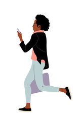 Business woman running side view looking to mobile phone. African girl in casual office clothes with briefcase in hurry to success. Vector flat illustration isolated on transparent background