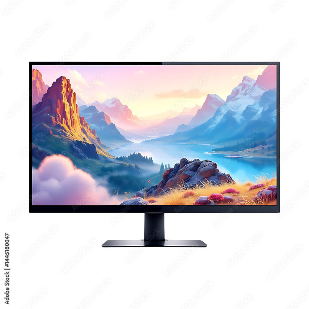 Poster modern computer monitor displaying a scenic landscape.