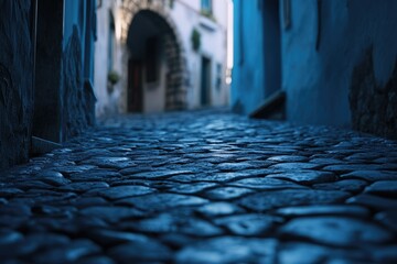 Cobblestone alleyway in a quaint European town, leading to a blurred background of aged buildings.