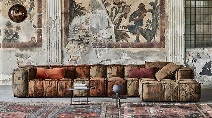Elegant living room featuring modular seating and distressed wall art detail