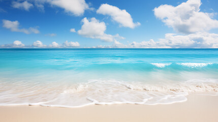 Fototapeta premium Clear blue water gently lapping on a white sandy beach, perfect for beach vacation and relaxation.