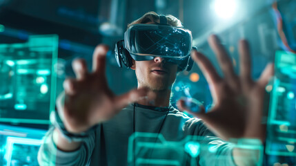 A student man learns online with futuristic technology. The concept of education, innovation, and digital learning. Generative AI.