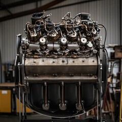 Fototapeta premium Vintage Aircraft Engine Powerful Mechanical Detailed Closeup View old grey iron gear tool metal 