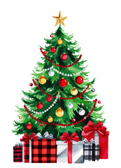 Christmas fir tree decorated with gold and red ornaments, star and gift boxes. Colorful vector illustration isolated on white background