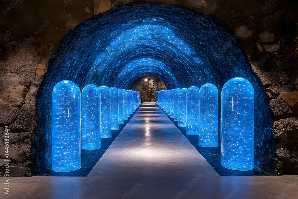 Poster blue illuminated tunnel with architectural columns