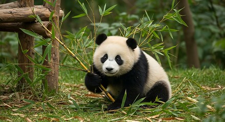 Fototapeta premium A cute baby panda sits amongst bamboo stalks and leaves, gently holding and munching on bamboo. A heartwarming and peaceful moment.
