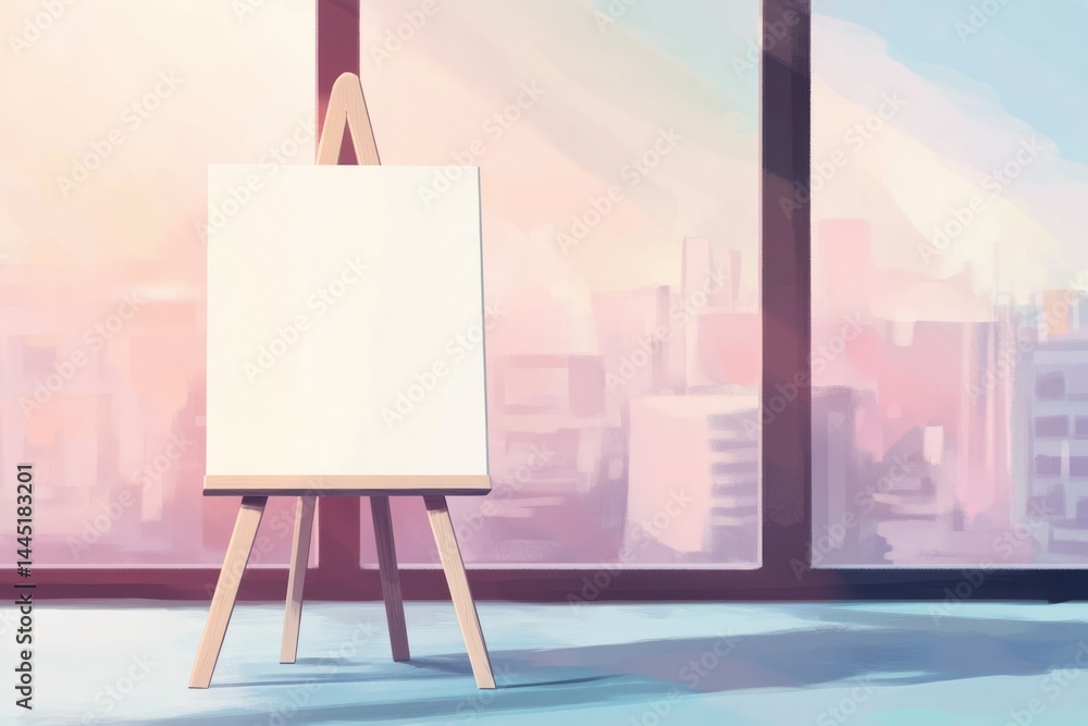 Poster blank canvas on an easel stands before a window with a city skyline view at sunset.