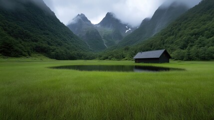 Misty valley with a small cabin