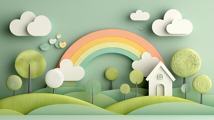 Colorful, playful design, depicting a cheerful landscape.
