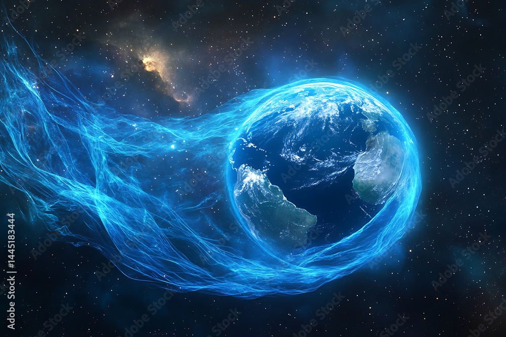 Sticker planet earth in space , binary code technology , glowing sphere on black background