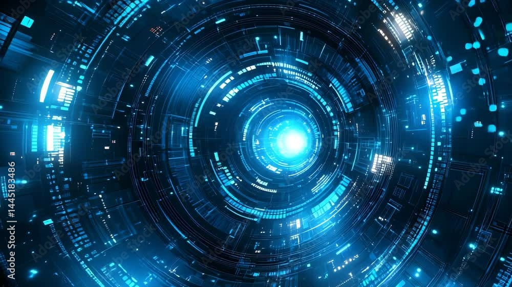 Poster enigmatic blue and black tunnel illuminated by multiple bright lights creating a mystical scene