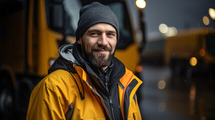 Obraz premium Confident driver in warm clothing standing by a truck—ideal for transportation, logistics, outdoor work, and delivery service content.