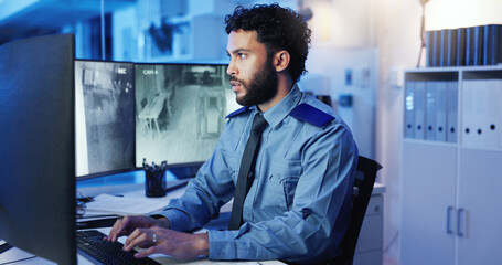 Security, computer and man in control room for surveillance, investigation and protection service....