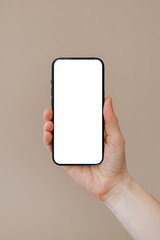 Female Hand Holding Smartphone with White Screen, Front View for App or Website Mockup
