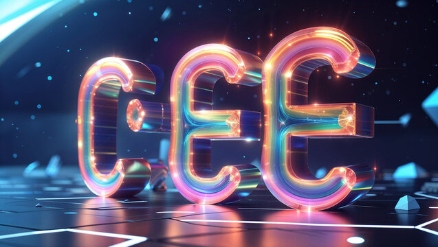 Abstract neon letters cee glowing on a futuristic surface background