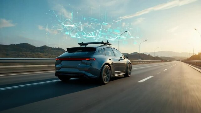 Autonomous Electric Car Driving on Highway with Futuristic HUD Data Overlay.