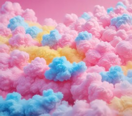 Fototapeta premium Fuzzy, vibrant pink, blue, yellow gradient; resembles fluffy cotton candy texture , texture, blurred, food