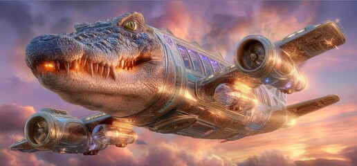 Italian brainrot style. Whimsical aircraft with a crocodile or dragon head, blending steampunk mechanics and ornate baroque detailing, flying through a dramatic sunset sky in maximalist fantasy style.