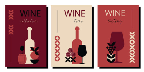Set of WINE minimalist posters. Abstract geometric wine banner. Wine list, wine tasting, invitation for an event, festival, party. Wine tasting concept.