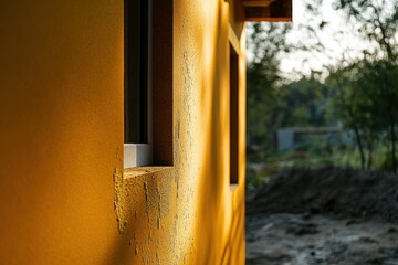Close-Up of Yellow Wall with Window Detail in Soft Natural Light