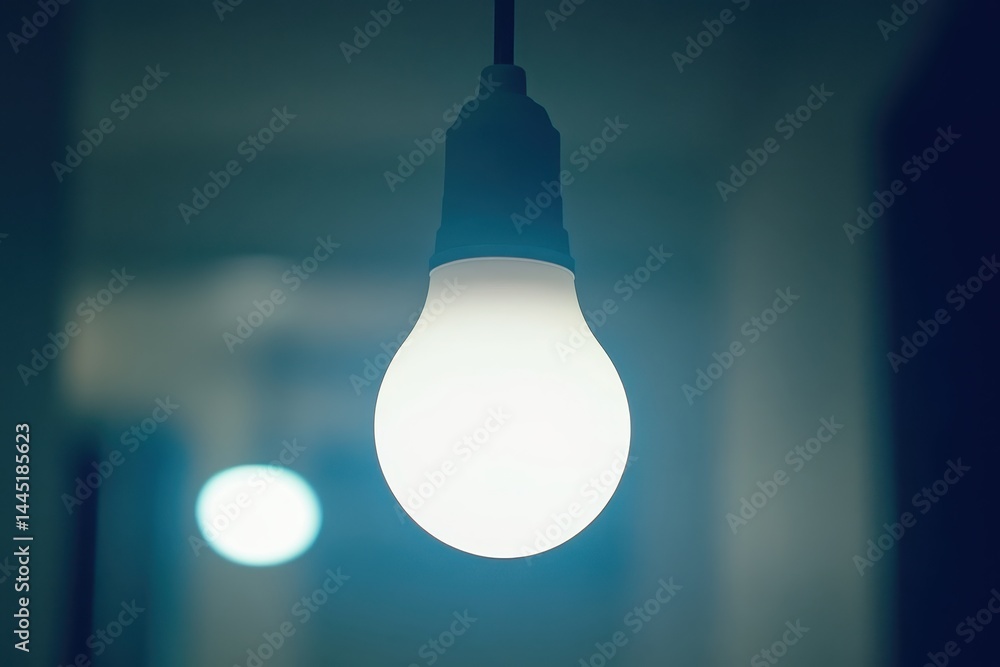 Poster hanging light bulb in soft blue background with bokeh effect