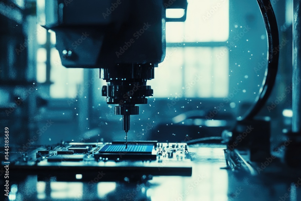Aufkleber high-precision cnc machine precisely etches a microchip circuit board, showcasing advanced manufactu