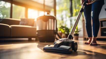 Fototapeta premium Cropped view of Caucasian hands holding a vacuum cleaner, highlighting cleaning tasks or home service work.