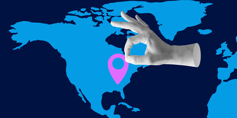 Hand holding purple location marker over map of North America, indicating specific geographical...