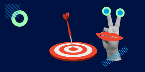 Hitting the Target, Creative Metaphor. The dart hits the target. The hand with the peace sign and...