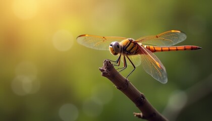 Fototapeta premium Golden Hour Dragonfly: A Stunning Close-Up of a Dragonfly Perched on a Twig, Bathed in the Warm Light of the Setting Sun.
