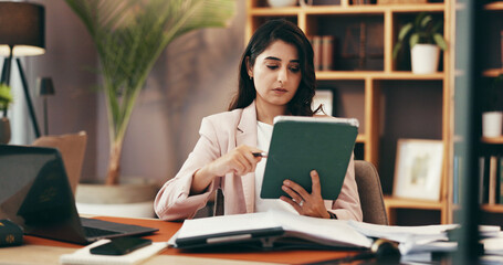 Tablet, reading and business with woman in home office for government lawyer, federal justice...