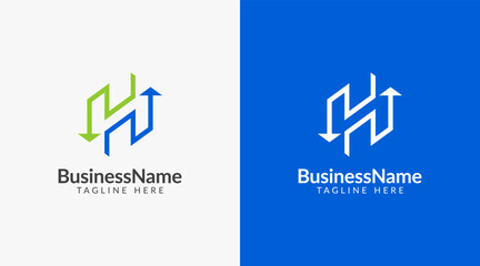 Modern logo mark with letter H and arrow icon bar candlestick for trading, investment, finance, statistic, accounting or marketing business