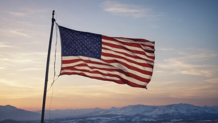 American Flag at Sunset Over Snowy Mountains