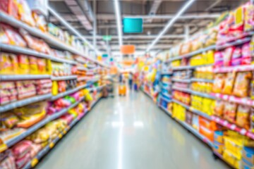 Fototapeta premium Supermarket aisle view, blurred focus