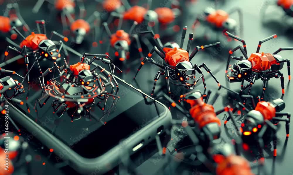 Poster small red and black ants completely engulf a smartphone resting on a dark surface, creating a surrea