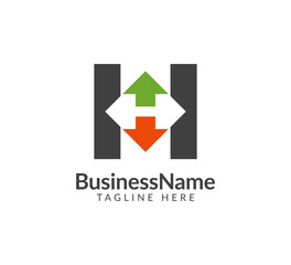 Modern logo mark with letter H and arrow icon bar candlestick for trading, investment, finance, statistic, accounting or marketing business