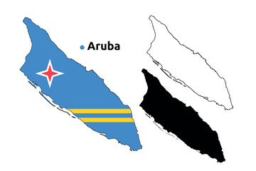 Aruba Map Vector - Country Outline, Flag Inside Map, Blank and Silhouette Version