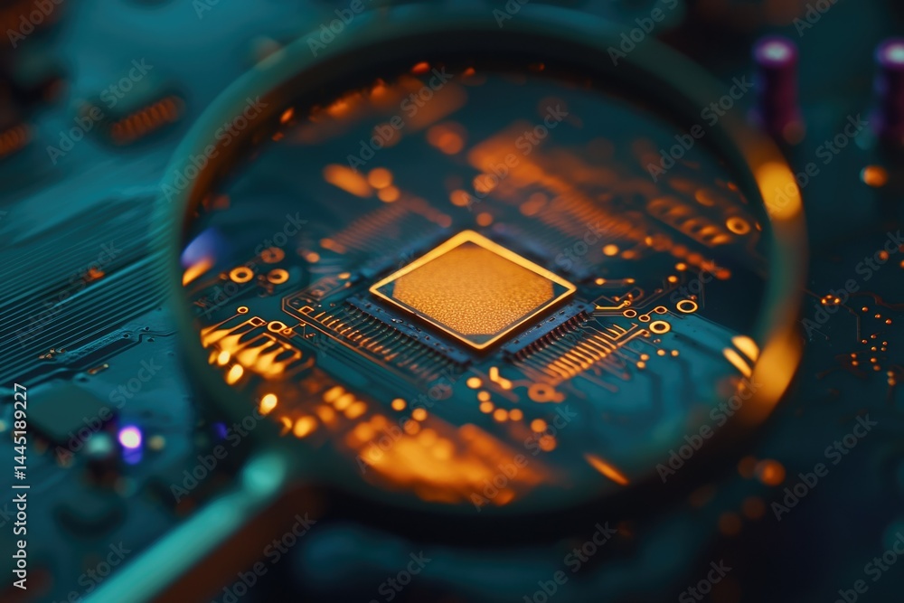 Aufkleber close-up view of a microchip on a circuit board, illuminated with warm light.