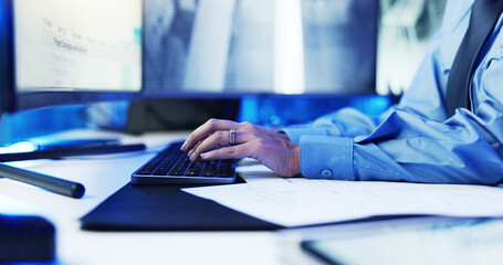 Hands, security guard and keyboard with surveillance with computer for report, stats and screen in...