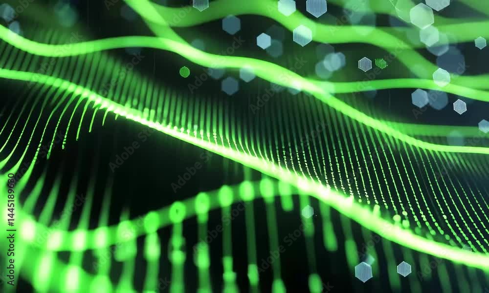 Poster green binary code flows across a dark background, creating a mesmerizing visual of digital data in m