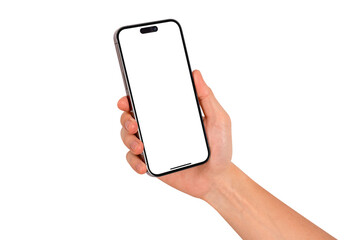 Hand holding smartphone with blank screen isolated. High quality studio shot. Concept for technology, business, finance and advertising.