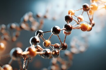 Close-up of a detailed 3D rendering of a DNA double helix, showcasing its intricate structure with metallic and amber spheres interconnected.