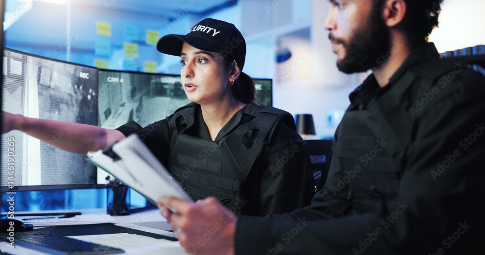 Aufkleber night, security team and discussion at computer for feedback, advice or standard procedure in contro