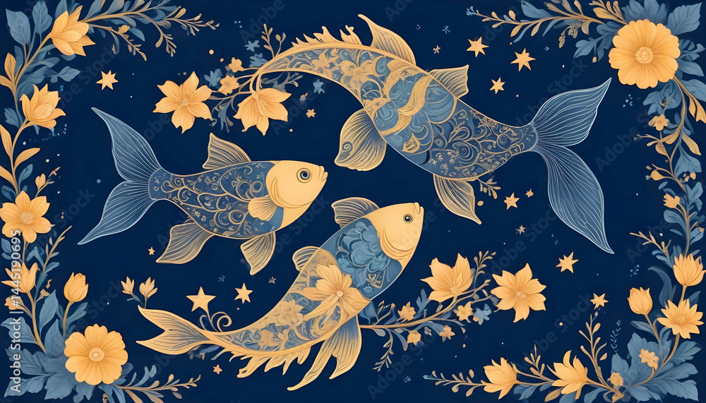 Poster stylized fish, adorned with intricate patterns